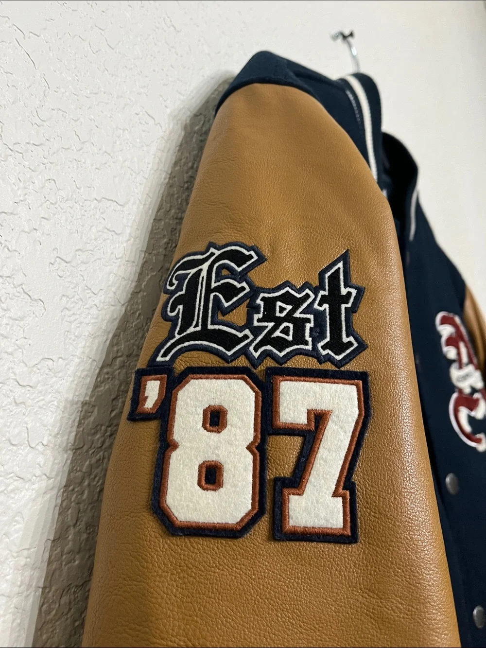 Aeropostale Men’s XS Varsity Jacket With Navy Blue Wool and Tan Leather Sleeves